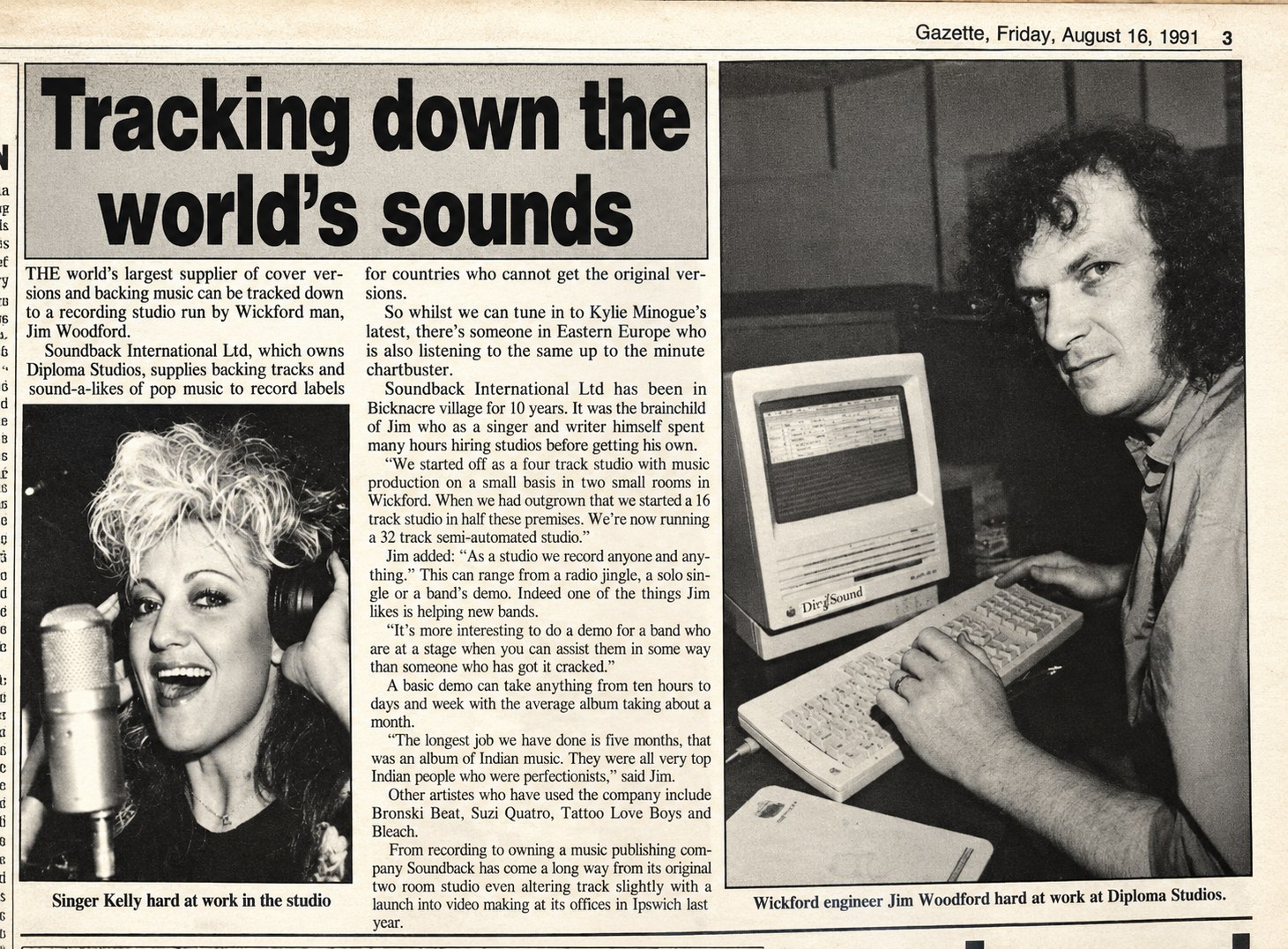 Newspaper clipping from the Gazette, Friday 16 August 1991, headlined Tracking down the world's sounds, featuring Jim Woodford at work at Diploma Studios